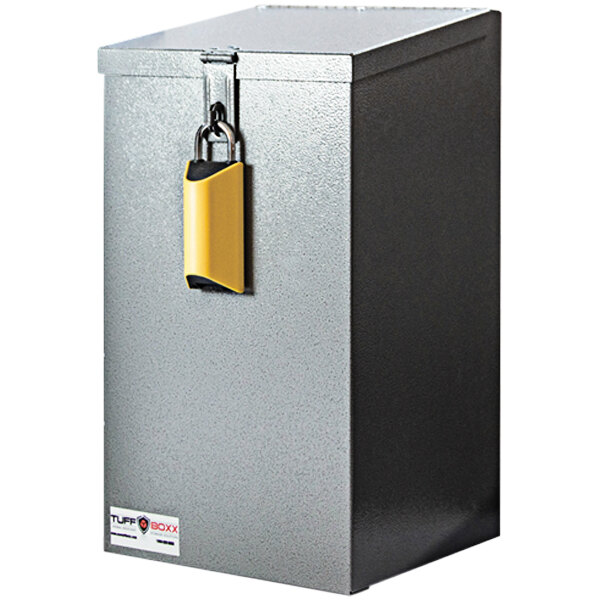 A grey TuffBoxx ParcelBoxx with a yellow and black lock.