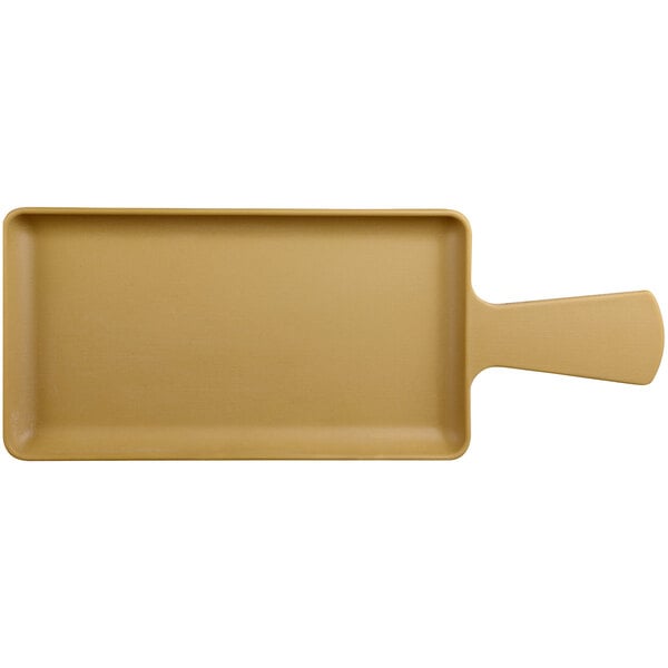 A rectangular tan Elite Global Solutions melamine serving tray with a handle.