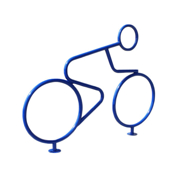 A blue Paris Furnishings bike rack shaped like a male biker with round wheels.