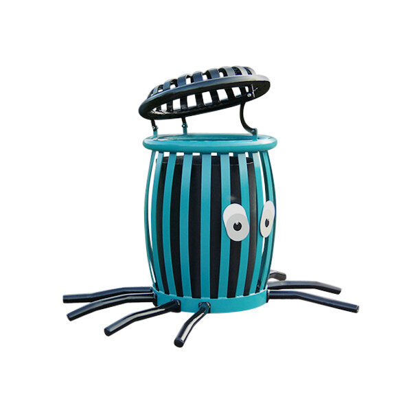A blue and black striped Paris Site Furnishings octopus-shaped steel trash receptacle with eyes.