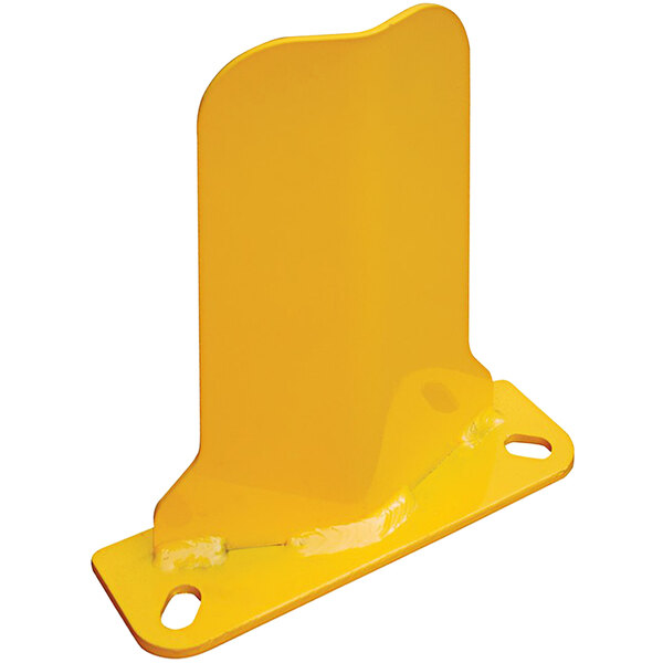 A yellow metal Vestil low profile rack guard with holes in the middle.