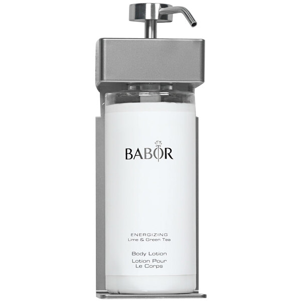A white ABS plastic wall dispenser with a Babor label on an oval bottle.