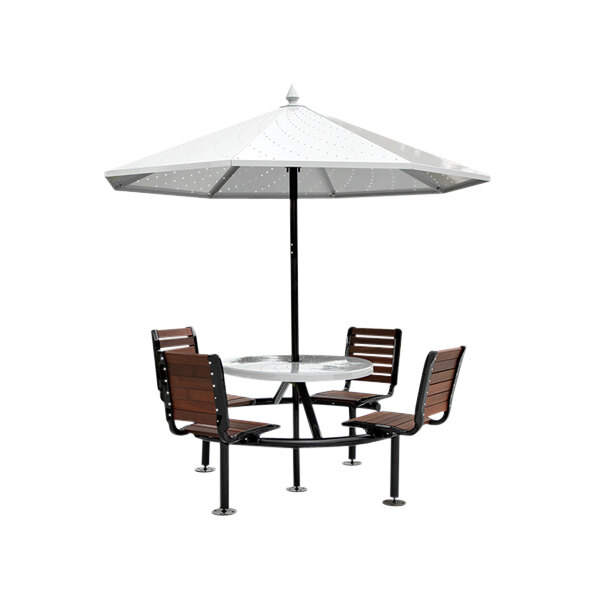 A Paris Site Furnishings round picnic table with attached chairs under an umbrella.