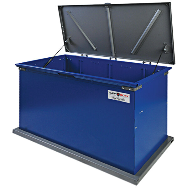 A blue TuffBoxx Grizzly steel trash receptacle with the lid open.