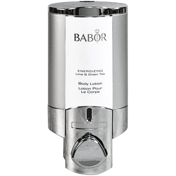 A chrome Dispenser Amenities Aviva wall mounted shower dispenser with a satin silver and white Babor logo.