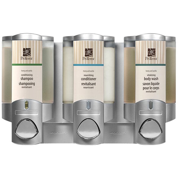 Three silver Dispenser Amenities Aviva wall-mounted shower dispensers with translucent bottles and white ProTerra labels.