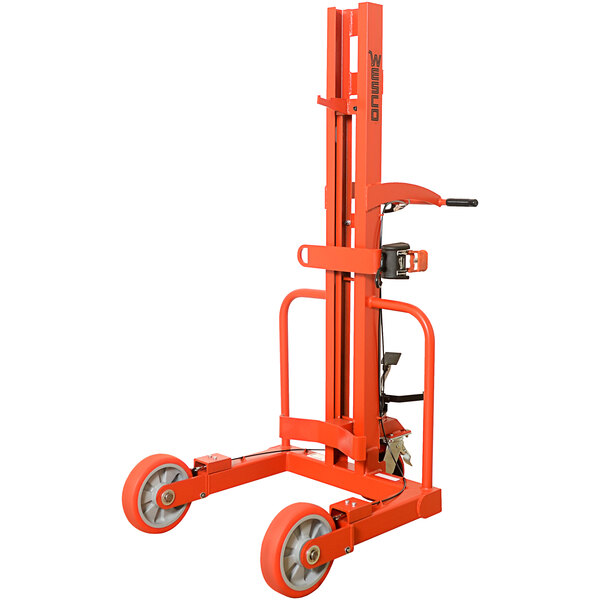 An orange Wesco hydraulic hand truck with wheels.