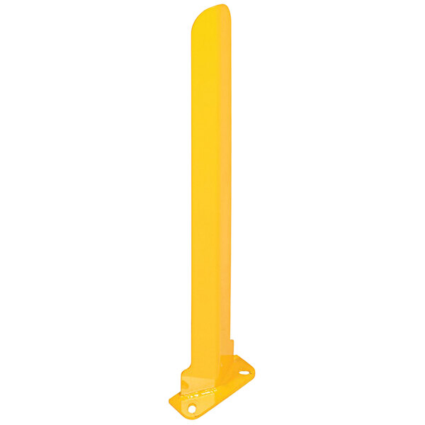 A yellow rectangular steel rack guard with holes in the sides.