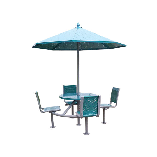 A Paris Site Furnishings round picnic table with attached chairs under a blue umbrella.