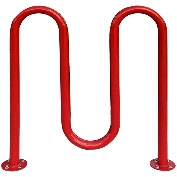 A red rectangular Paris Furnishings heavy-duty metal bike rack with three loops.