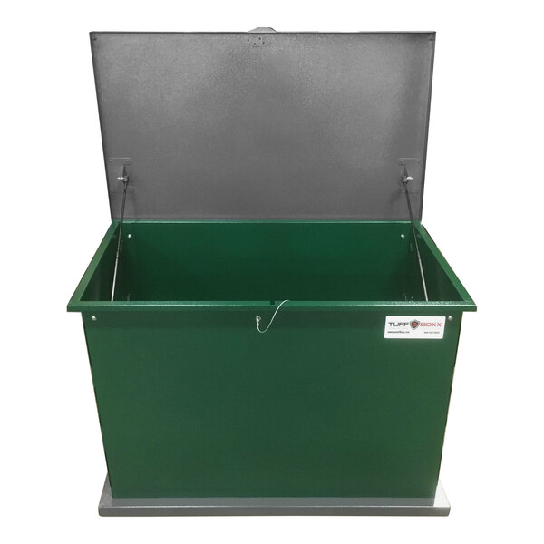 A green TuffBoxx outdoor steel bin with a lid.