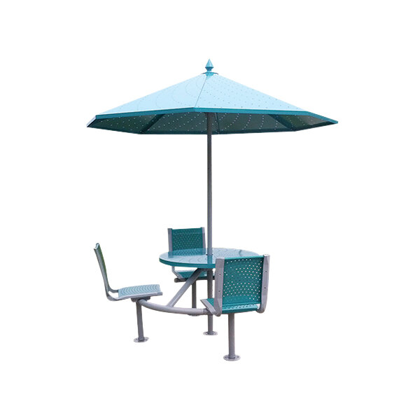 A Paris Site Furnishings ADA accessible picnic table with attached blue chairs under a blue umbrella.