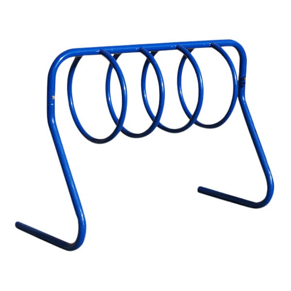 A blue Paris Furnishings inground mount bike rack with two loops.