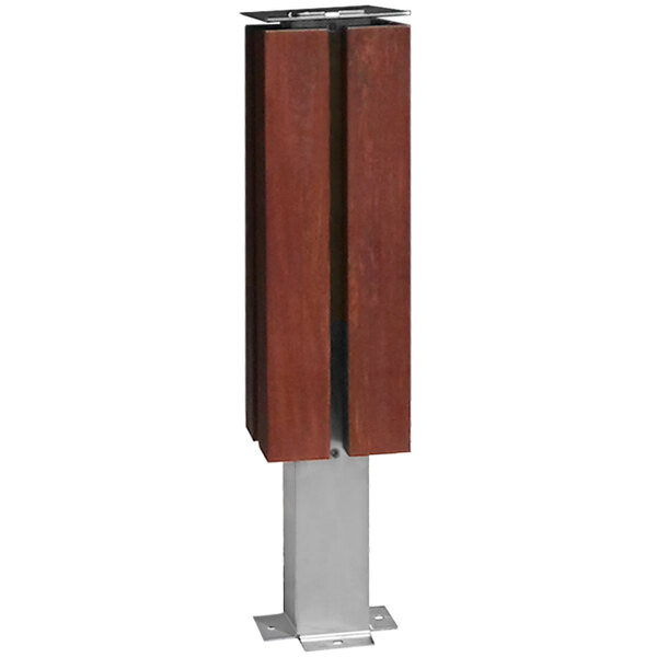 A Paris Site Furnishings INOX bollard with wood panels on a metal base and top.