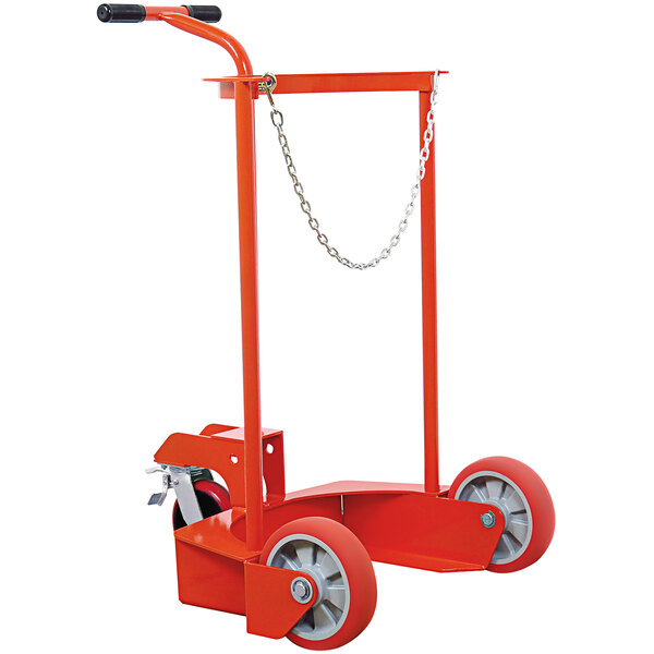A large orange Wesco hand truck with chains and wheels.