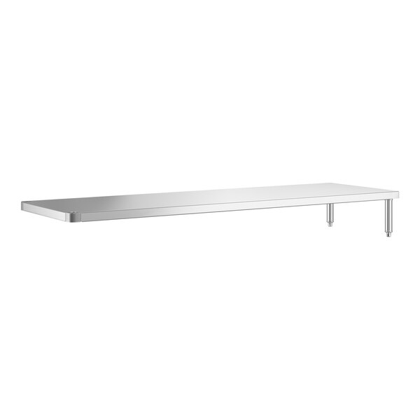 A long, rectangular stainless steel shelf with two supporting legs on one side.