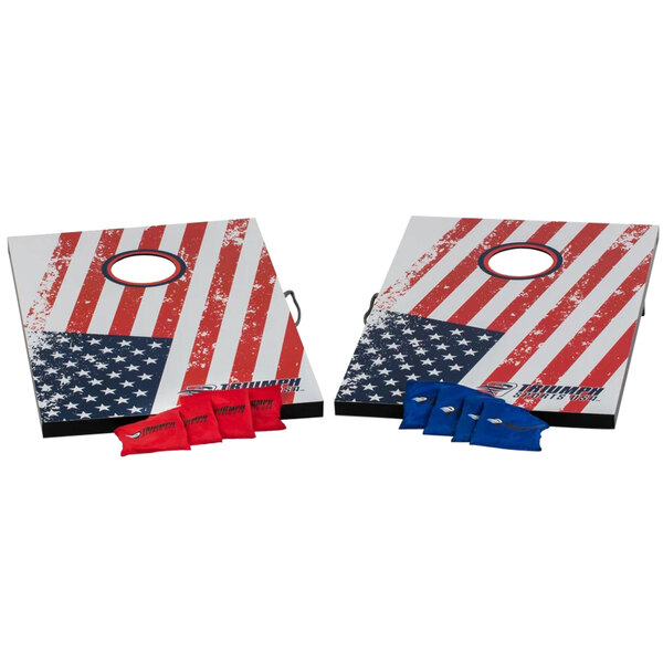 A pair of white Triumph cornhole boards with American flags.