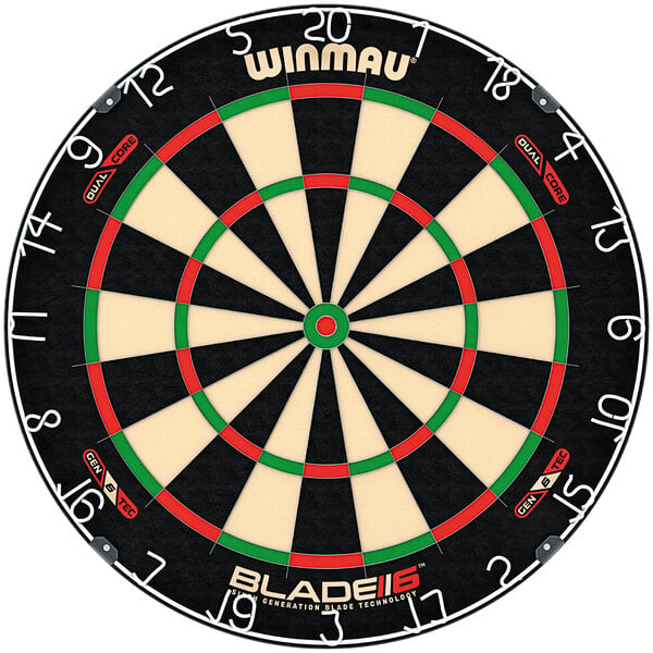 A Winmau Blade 6 Dual Core Bristle Dartboard with red, green, and black numbers in the center.
