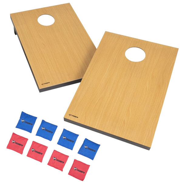 A pair of wood boards with a white circle in the center for a wooden cornhole bean bag toss game set.
