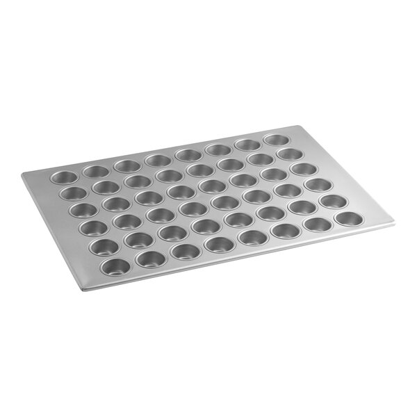 A large aluminized steel mini muffin or cupcake pan with 48 cups.
