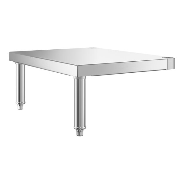 A rectangular stainless steel shelf with two cylindrical metal legs and a smooth surface.