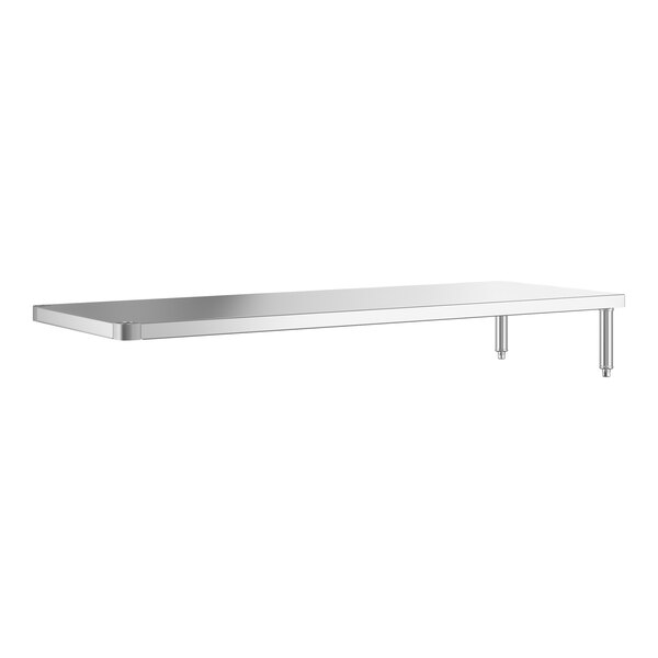 A rectangular stainless steel shelf with two supporting legs on one side.