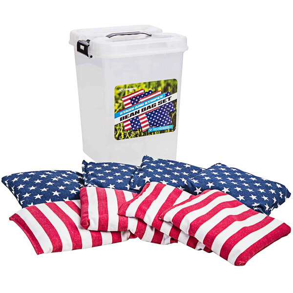 A white plastic container filled with red, white, and blue bean bags with stars and stripes.