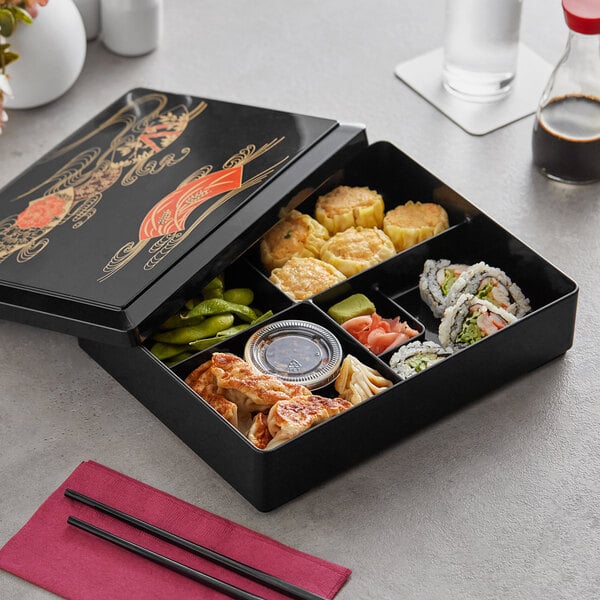 Emperor's Select 10 1/2 x 8 Black 5-Compartment Bento Box with Lid