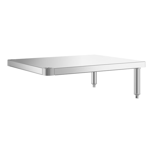 A rectangular stainless steel shelf with two supporting legs on one side.