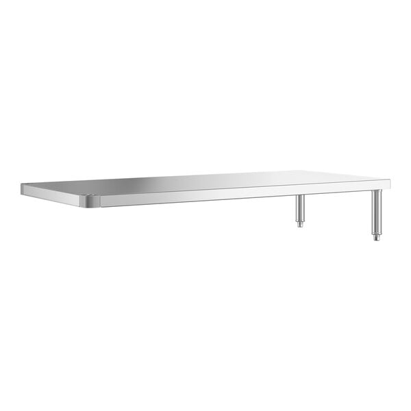 A rectangular stainless steel shelf with two supporting legs underneath, designed to be mounted below a larger surface.