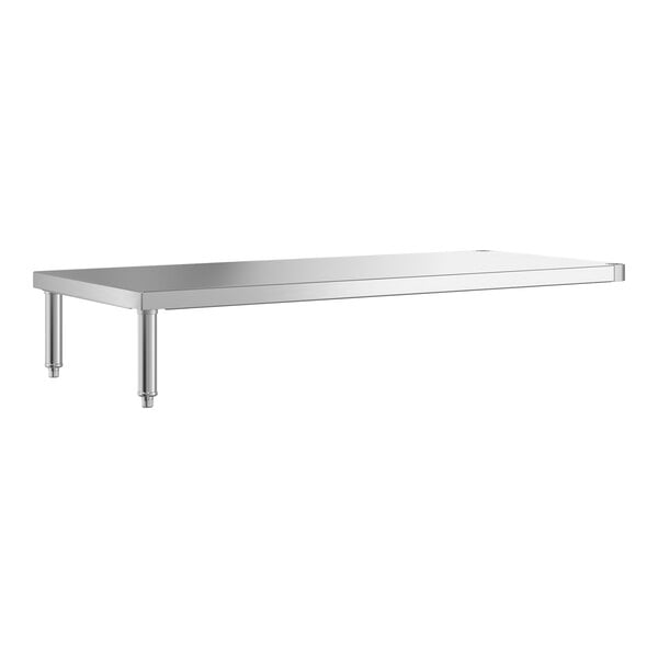 A rectangular stainless steel shelf with three supporting legs.