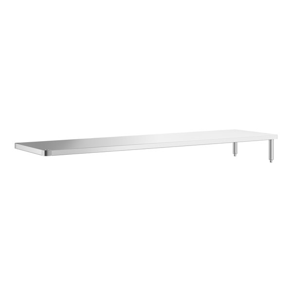 A long, rectangular, stainless steel shelf with two supporting legs on one side.