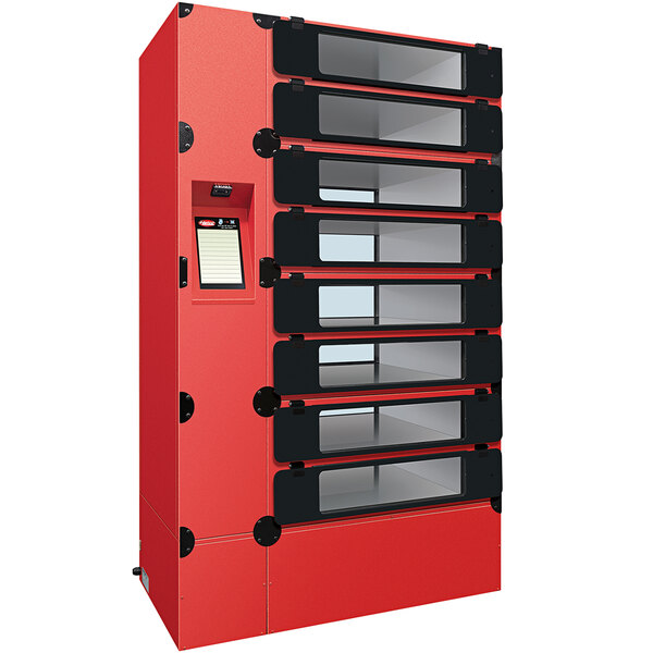 A red vending machine with black and red shelves with eight compartments.