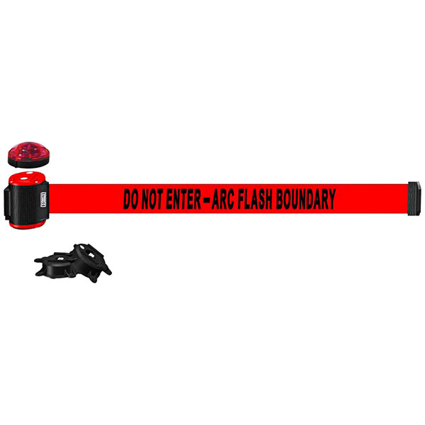 A red and black Banner Stakes wall mount with a red and black belt and a red sign with black text.