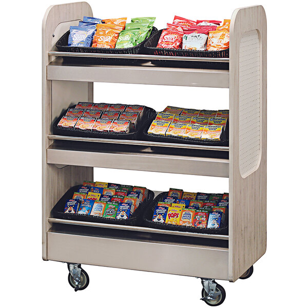 A Lakeside 3-tier merchandising cart with snacks on the shelves.