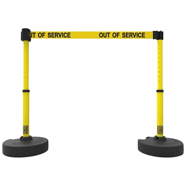 Two yellow and black Banner Stakes retractable barriers with "Out of Service" signs.
