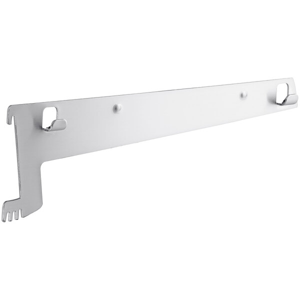 A white metal rack bracket with two holes on it.