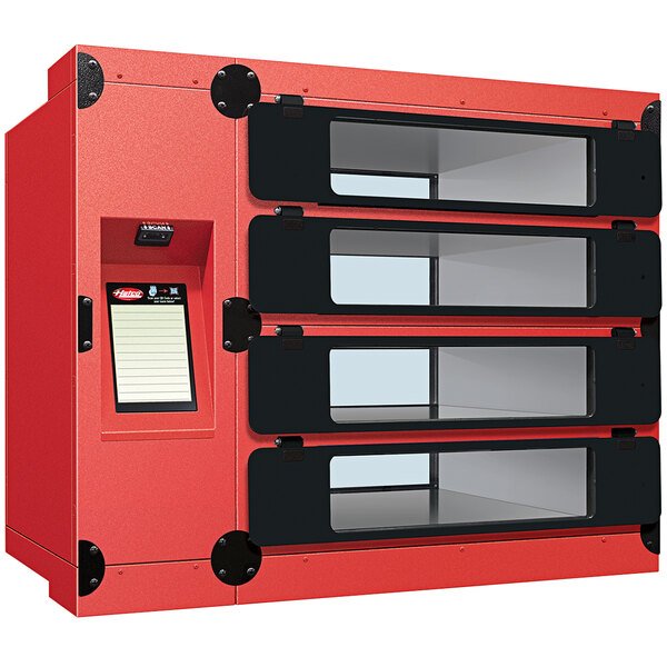 A red and black box with glass shelves and black doors, the Hatco Flav-R 2-Go heated pickup locker system.