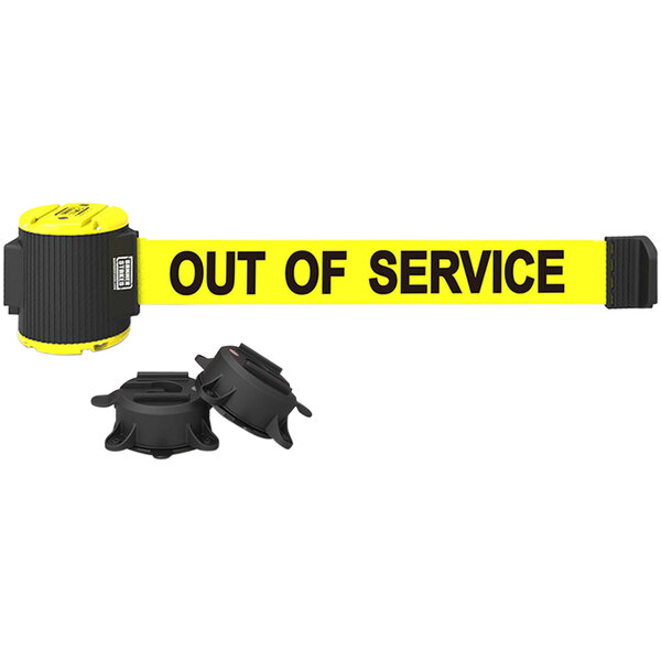 A yellow Banner Stakes magnetic wall mount tape with black text reading "Out of Service"
