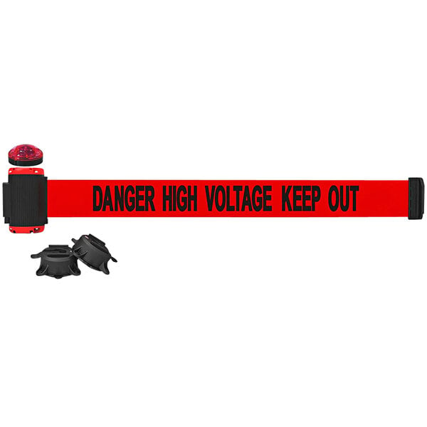 A red and black Banner Stakes wall mount barrier with black text reading "Danger High Voltage Keep Out" and a light kit.