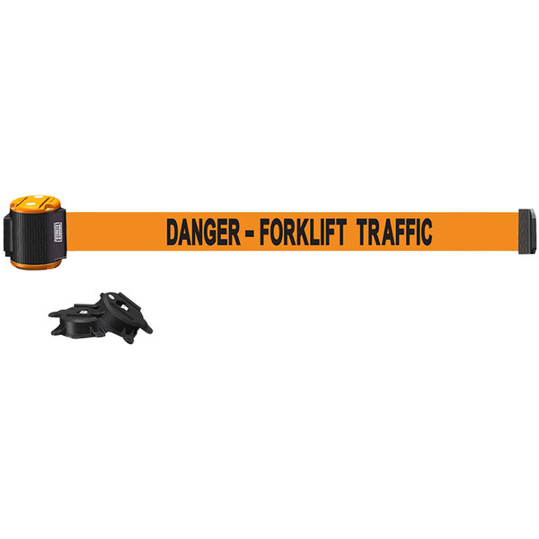 An orange Banner Stakes wall mount belt barrier with black text reading "Danger - Forklift Traffic" on white tape.