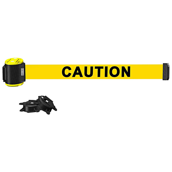 A yellow Banner Stakes "Caution" tape with black clip and black text.