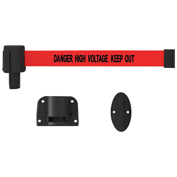 A red and black Banner Stakes wall mount barrier with a red and black "Danger High Voltage Keep Out" sign.