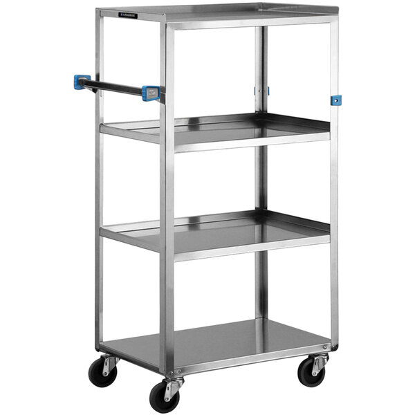 A metal Lakeside meal delivery cart with three shelves and blue handles.