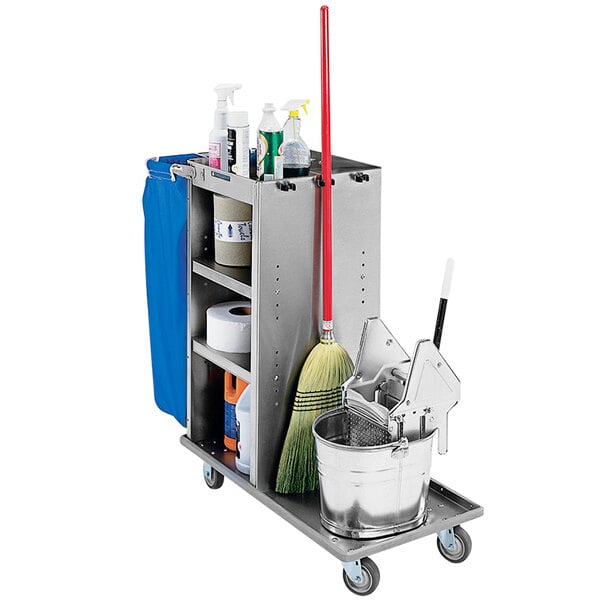 A Lakeside stainless steel janitor cart with cleaning supplies and buckets on it.