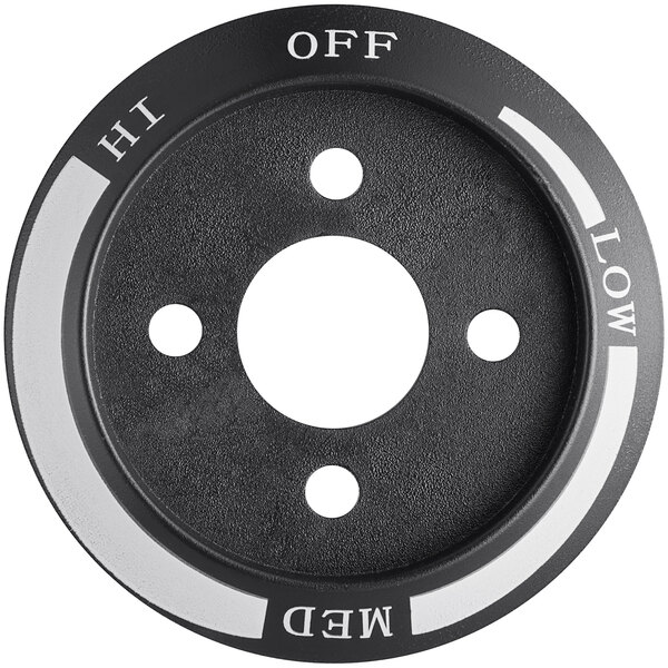 A circular black and white Avantco temperature control knob base with white text.
