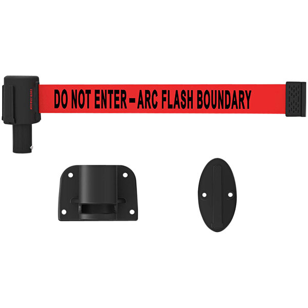 A white Banner Stakes wall mount with a red and black tape with black text and two black oval objects with holes.