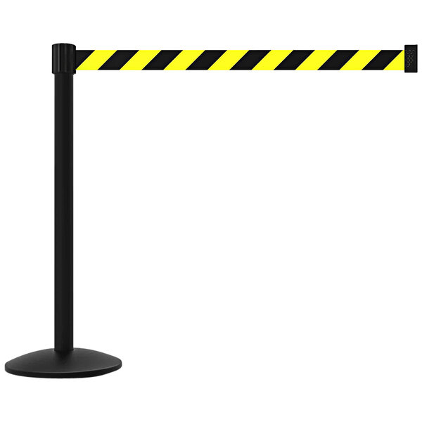 A black rectangular barrier with diagonal yellow and black stripes.