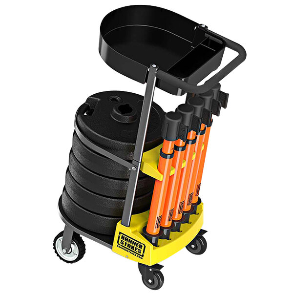 A white cart with black buckets and orange Banner Stakes.