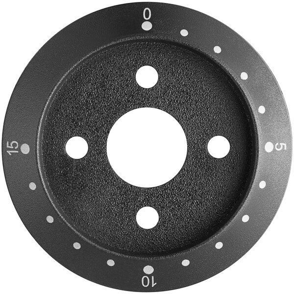 A circular black Avantco timer knob base with white numbers on it.